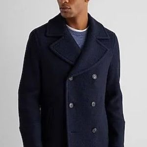 Express Navy Double Breasted Textured Boucle Wool-Blend Peacoat - Navy Blue